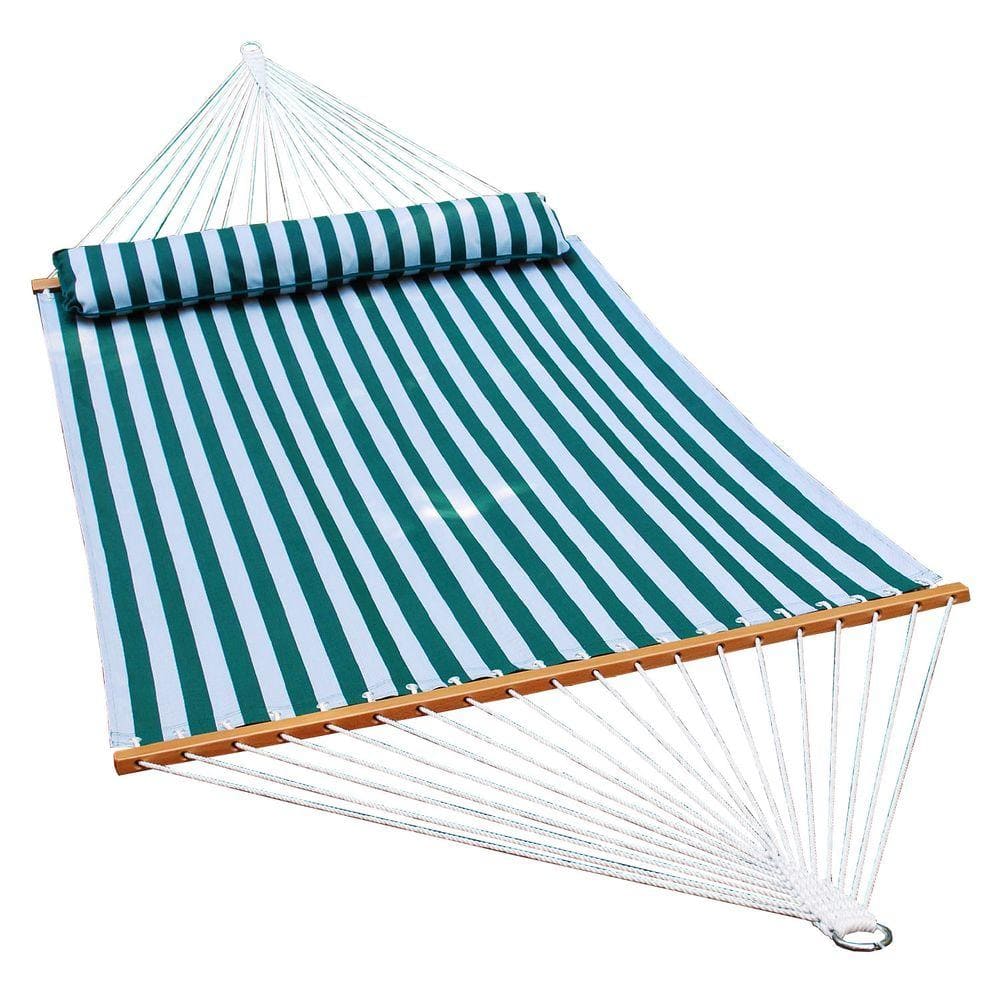 Green and White Striped Quick-Dry 13 ft Hammock with Pillow