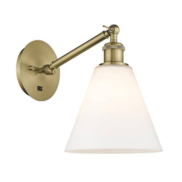 Berkshire 1-Light Antique Brass, Matte White Wall Sconce with White Glass Shade