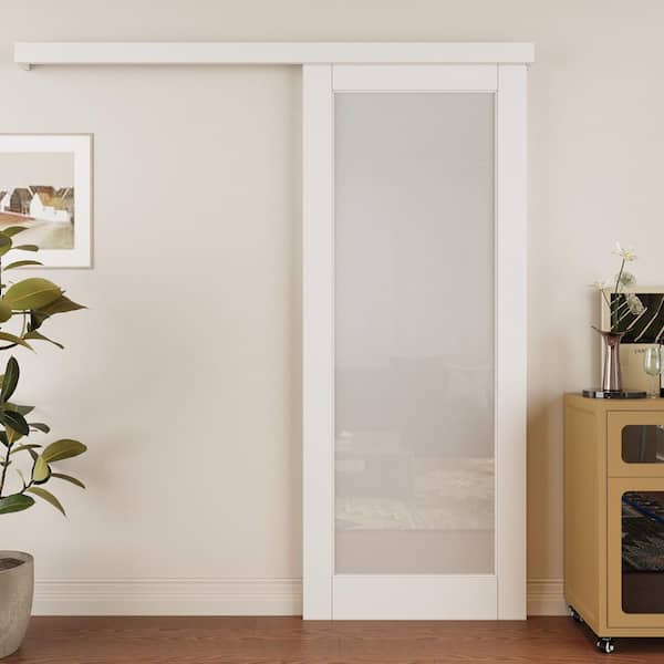 32 in. x 80 in. Hidden Track Style 1 Lite Frosted Glass White Primed MDF Sliding Barn Door with Hardware Kit