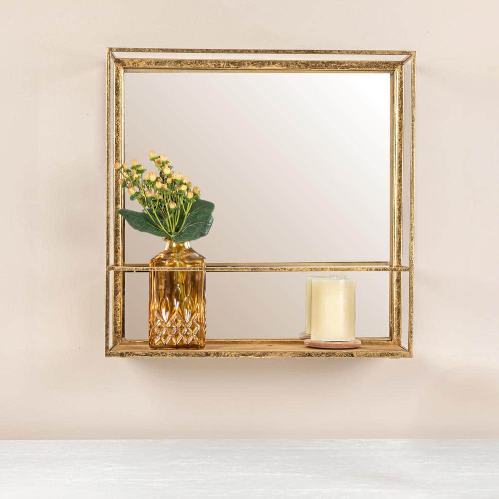 Gold Rectangular Metal and Wood Shadowbox Wall Mirror