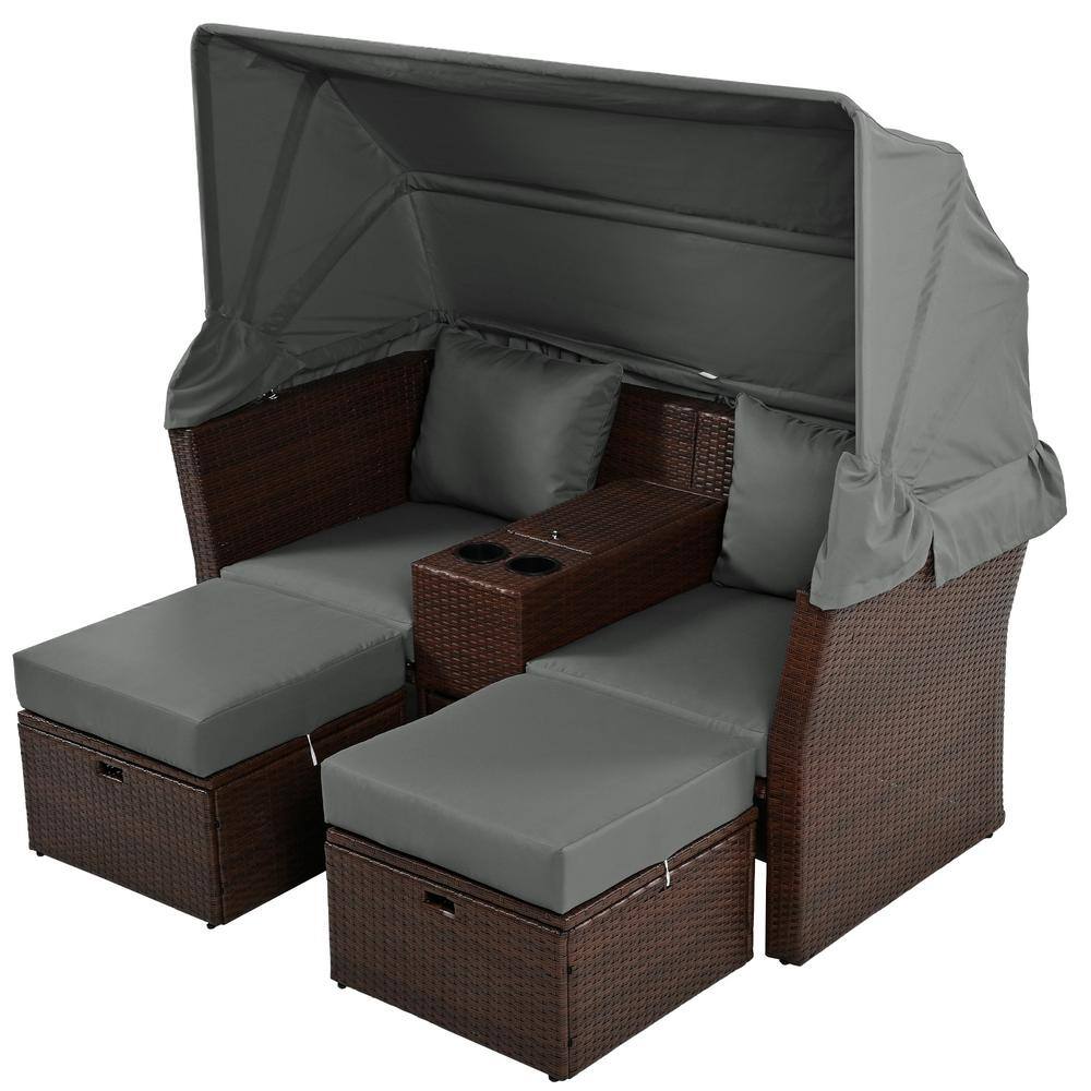 Brown Wicker 3-Piece Outdoor Loveseat with Grey Cushions and Foldable Awnin