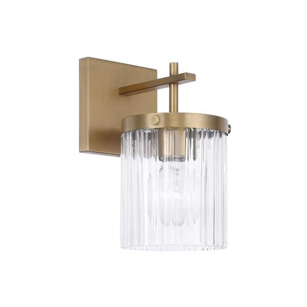 Vaughn 5.5 in. 1-Light Aged Brass Sconce with Clear Beveled Fluted Glass