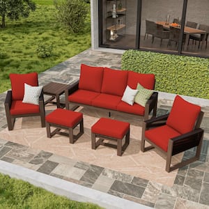 6-Piece Wood Outdoor Patio Conversation Set with Red Cushion