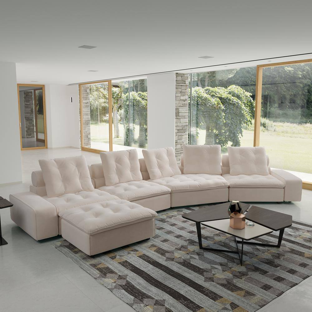 185.1 in. Wide Square Arm Velvet L-Shaped Sofa Couch with Removable Ottoman in Beige