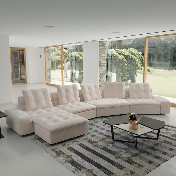 J&E Home 185.1 in. Wide Square Arm Velvet L-Shaped Sofa Couch with Removable Ottoman in Beige