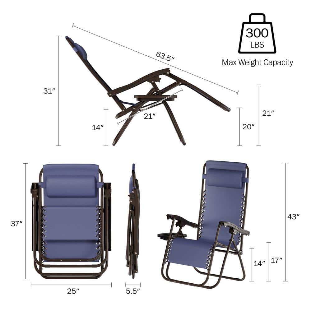 Navy Blue Steel Zero Gravity Lounge Chairs with Side Table