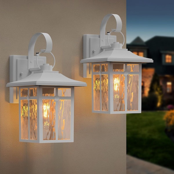 Hawaii 13 in. 1-Light White Modern Lantern Aluminum Dusk to Dawn Hardwired Outdoor Sconce No Bulb Included (2-Pack)
