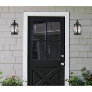 Canyon 1-Light Textured Black Outdoor Wall Mount Lantern with Clear Crackle Glass, Dusk to Dawn Sensor