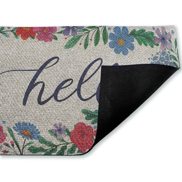 Hello Cursive & Floral Border Blue 18 in. x 30 in. Polyester Non-Slip Outdoor Door Mat