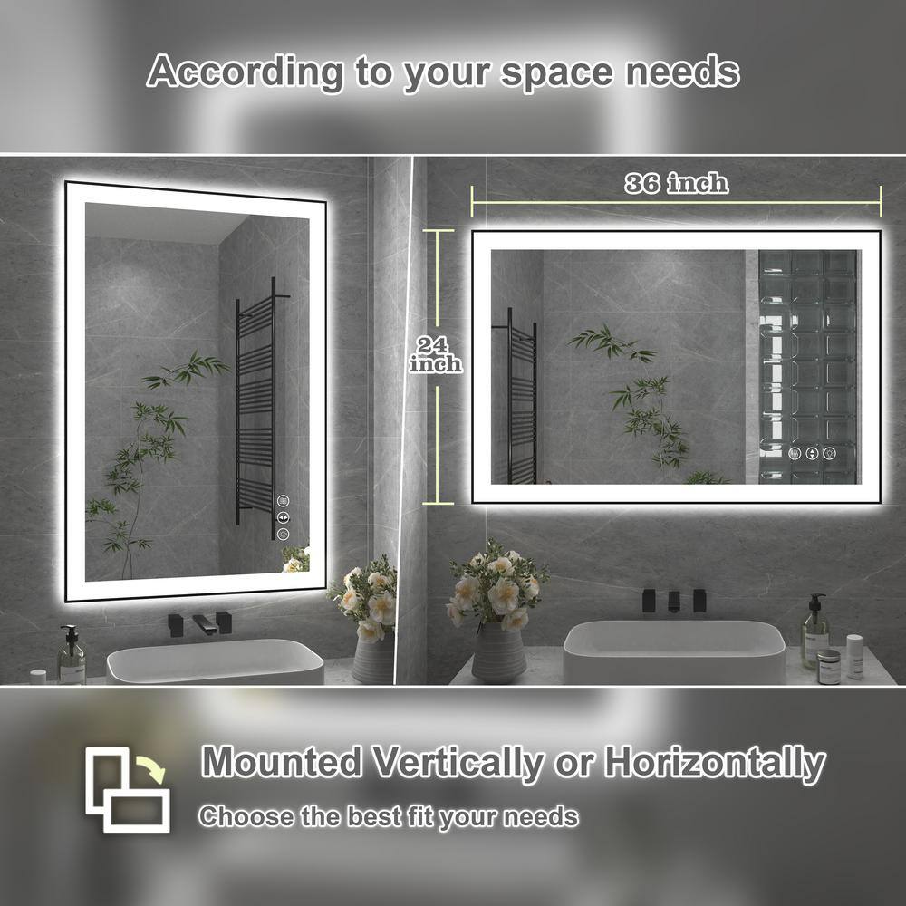 24x36 Inch Black Aluminum LED Vanity Mirror with Anti-Fog