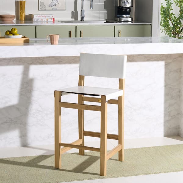 Romee 37.2 in. H White/Natural Wood Bar Stool with Leather Seat