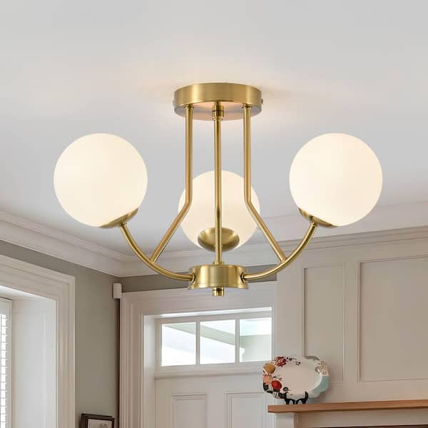 19 in. Gold Industrial Semi-Flush Mount Ceiling Light with Globe Frosted Glass Shade for Dinning Room Entryway