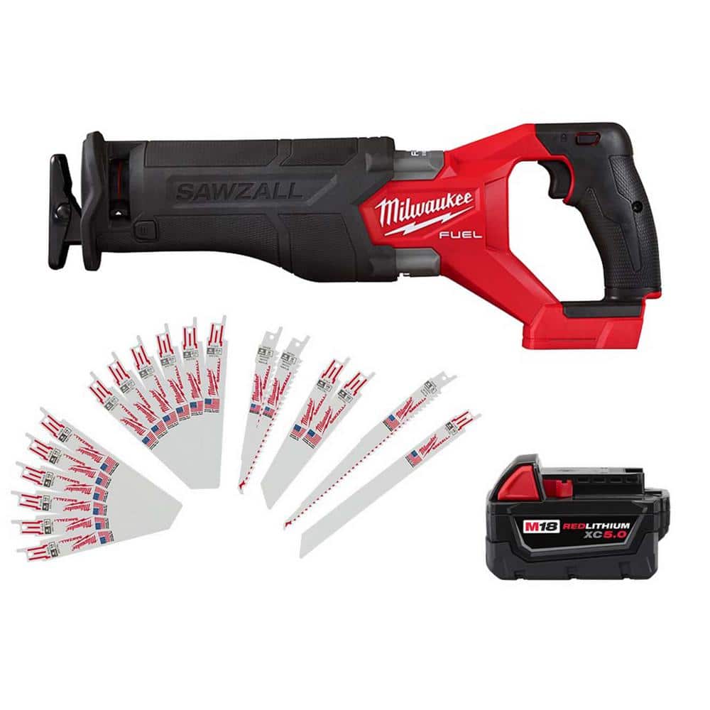 Milwaukee M18 FUEL GEN-2 18V Lithium-Ion Brushless Cordless SAWZALL  Reciprocating Saw with 5.0Ah Battery & Sawzall Blade Set 