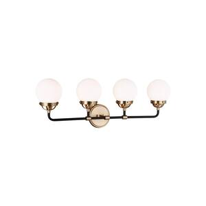 Cafe 30 in. W 4-Light Satin Brass Vanity Light with Etched/White Glass Shades and Matte Black Frame Accents