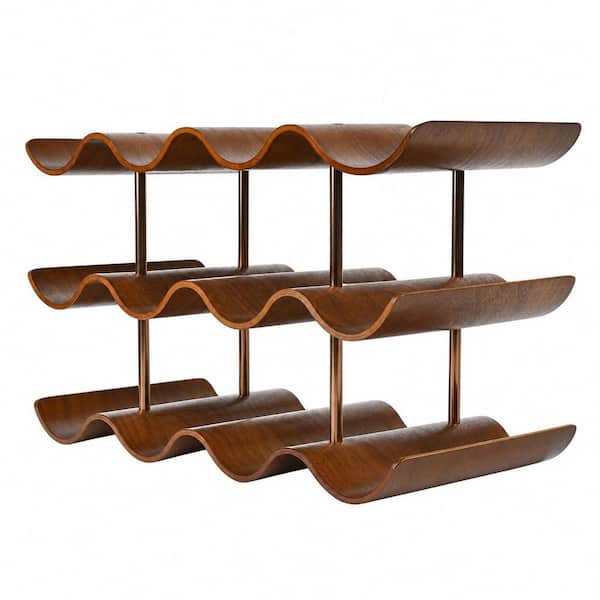 12-Bottle Brown 16.6 in. W Wood Countertop Wine Rack, 3 Tier Wooden Wine Storage Rack, Walnut Wavy Wine Organizer