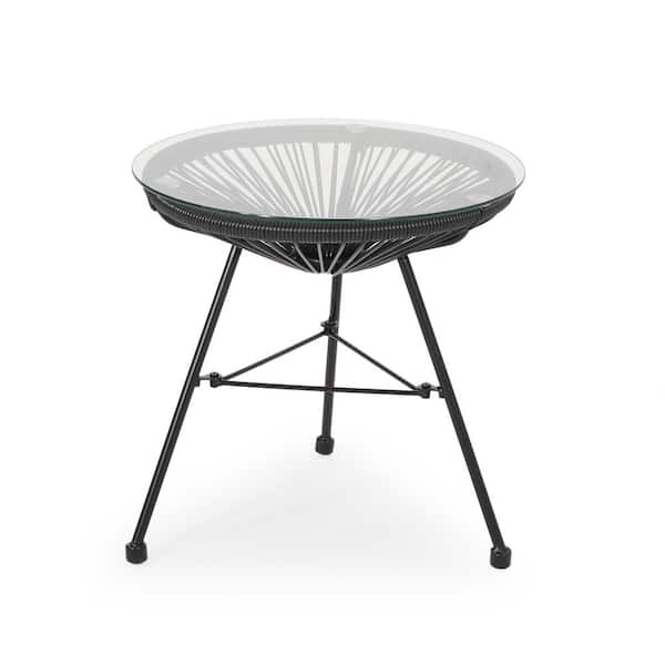 17.75'' Black Rattan and Metal Round Outdoor Side Table with Tempered Glass Tabletop