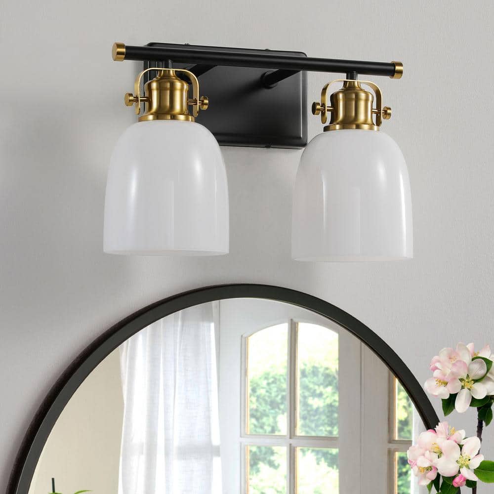 14-Inch Black and Gold Metal Vanity Light with White Glass Shades