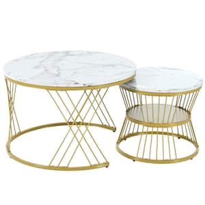 27.5 in. White and Glod Round Nesting MDF Table Top Coffee Table Set of 2