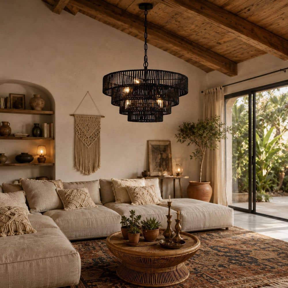6-Light Farmhouse Matte Black Boho Chandelier with 4-Tier Rattan Shade for Living Room Kitchen No Bulbs Included price history on PriceWatchPro