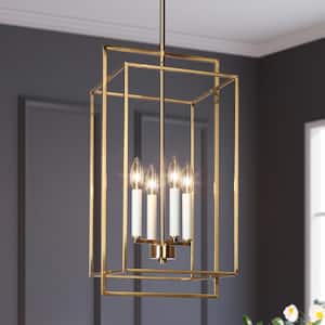 Hoyueren Modern 4-Light Plating Brass and Flat White Candlestick Chandelier with Geometric Cage Shade for Kitchen Island