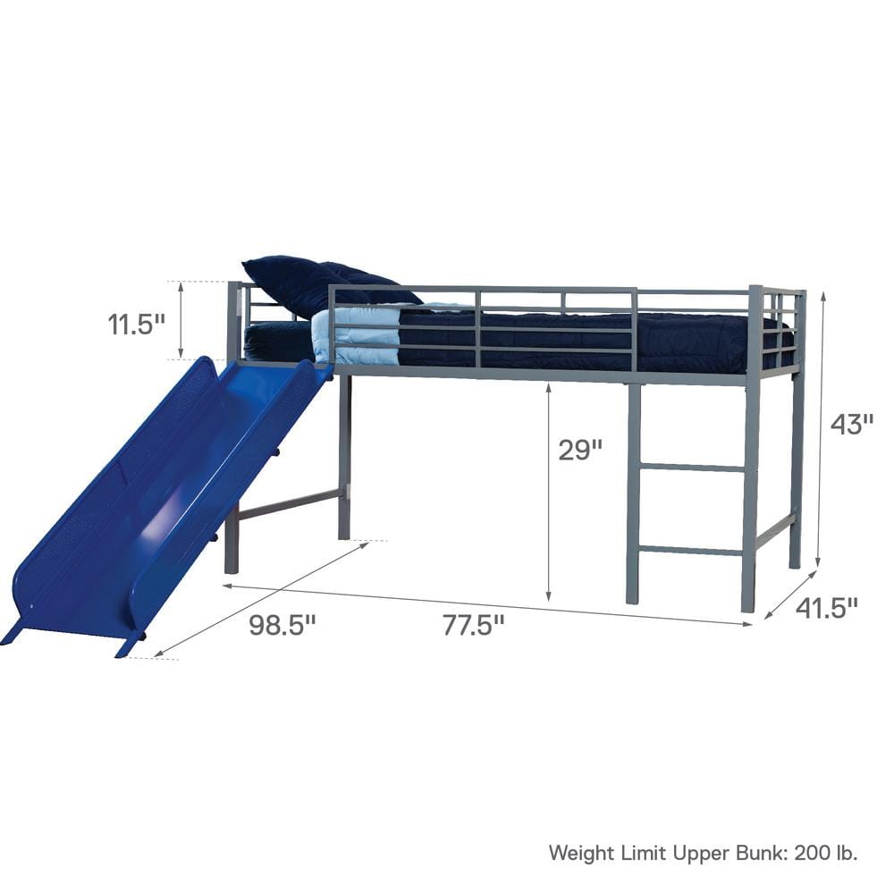 Silver Twin Metal Loft Bed with Blue Slide and Bookcase