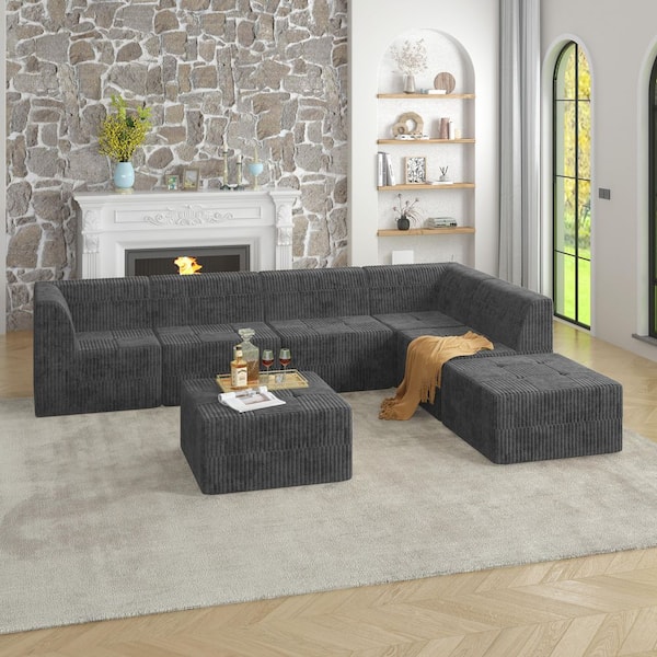 130.3 in. Corduroy L-shaped DIY Compressed Sectional Sofa in. Gray