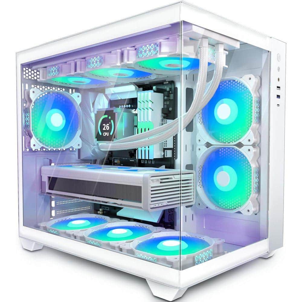 OBJLGEV ATX PC Case with 6 PWM ARGB Fans, 360MM RAD Support, Type-C, 270° Full View Tempered Glass Mid Tower, Pure White