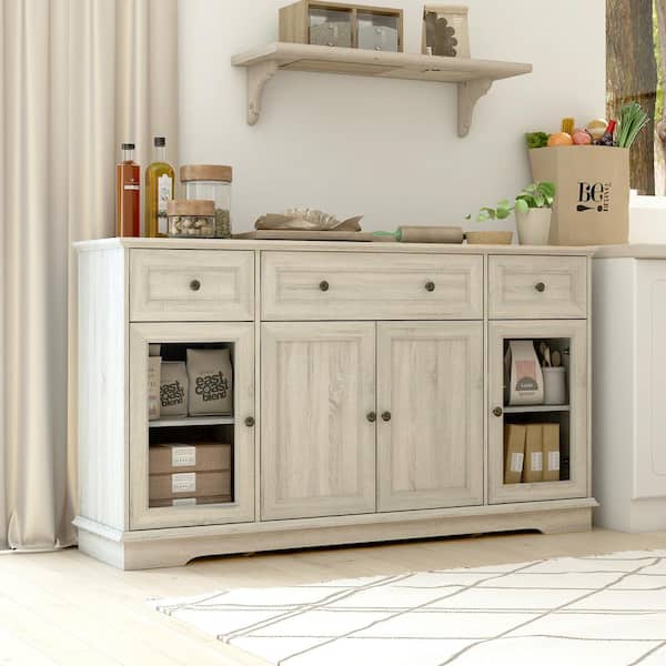 FUFU&GAGA Retro Beige Light Wood Grain Wooden 63 in. Width Food Pantry Cabinet, Sideboard, Storage Cabinet with 3-Drawer & 5-Shelf
