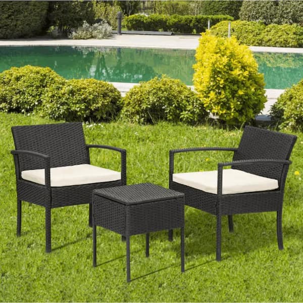 Zeus & Ruta 3-Piece Black PE Wicker Patio Outdoor Conversation Set with Beige Cushions and Glass Coffee Table