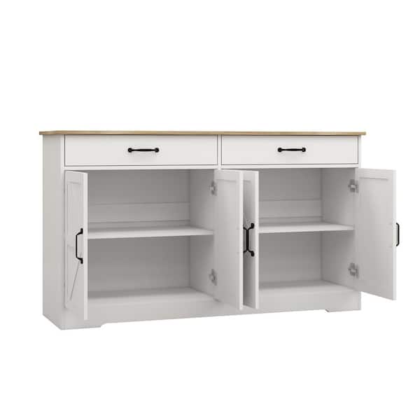 FUNKOL 55.91inx15.75inx32.09in MDF Ready to Assemble Kitchen Cabinet in White with 2 Drawers and 4 Doors with X
