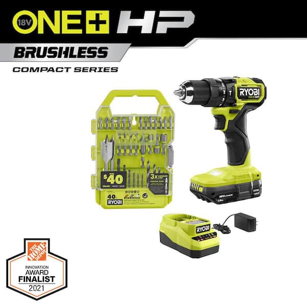 RYOBI ONE+ HP 18V Brushless Cordless Compact 1/2 in. Hammer Drill Kit with (1) 1.5 Ah Battery, Charger, & 40PC Bit Set