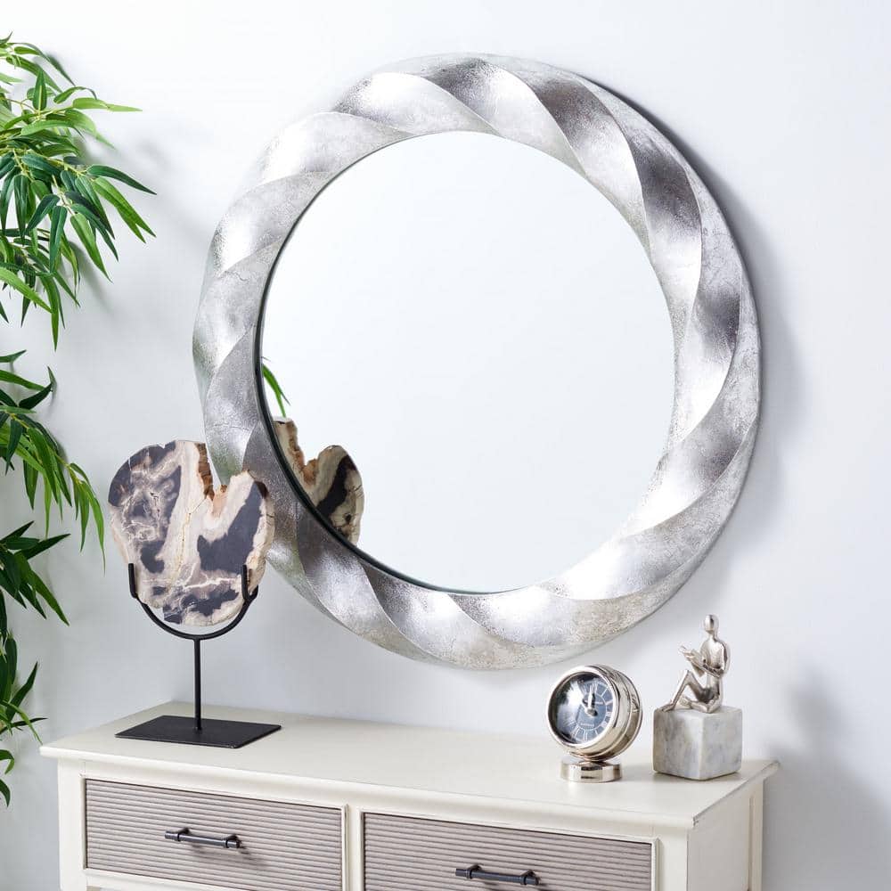 Elegant Mystic 33" Round Wood & Silver Foil Wall Mirror