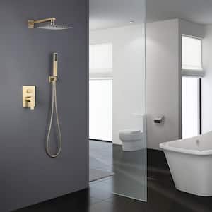 1-Spray Square Wall Bar Shower Kit with Hand Shower in Brushed Gold