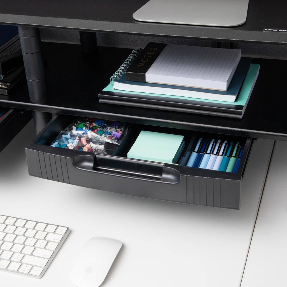 Black Dual Monitor Stand with Storage Shelves and Drawers