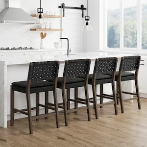 Cohen 24 in. Mid-Century Modern Wood Counter Height Bar Stool, with Woven Faux Leather Back for Kitchen, Black, Set of 4