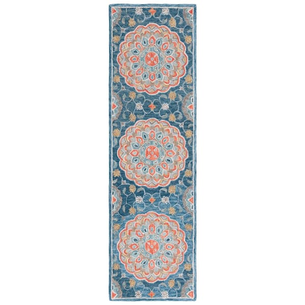 Blossom 2 ft. x 8 ft. Blue/Red Ornate Medallion Runner Rug