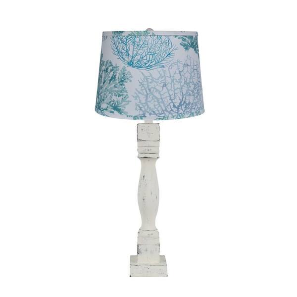 HomeRoots 30 in. Rustic Distressed White Table Lamp With Turquoise Coral Empire Shade
