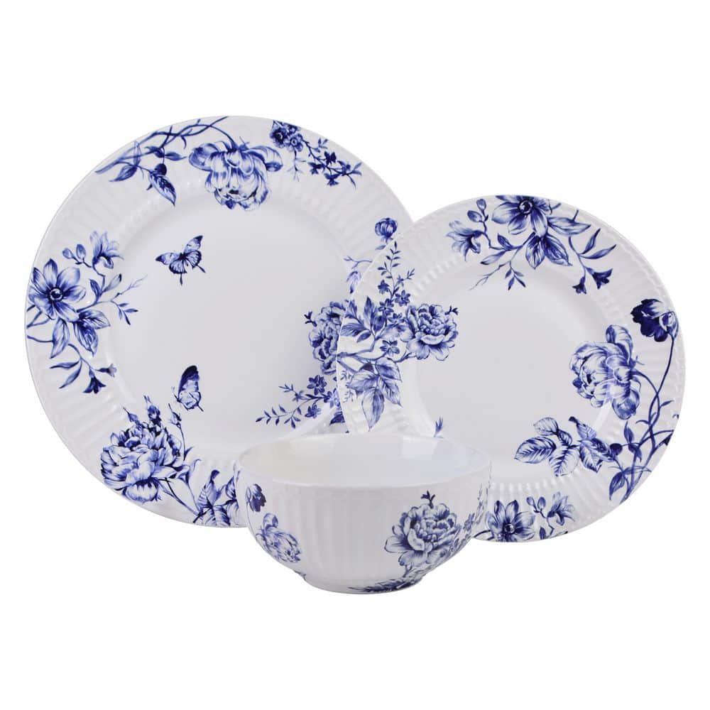 Cassian Blue Floral Embossed Porcelain 12-Piece Dinnerware Set