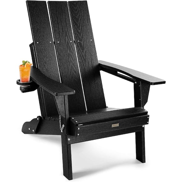 Mximu Oversized Black HDPE Outdoor Plastic Folding Adirondack Chair with Cup Holder (Set of 1)