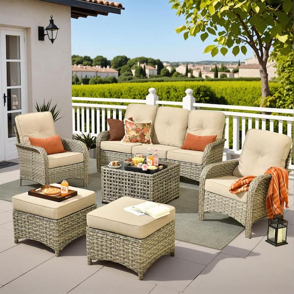 HOOOWOOO Ruby 6-Piece Wicker Outdoor Furniture Patio Conversation Sofa Set with a Solar-LED Coffee Table and Beige Cushions