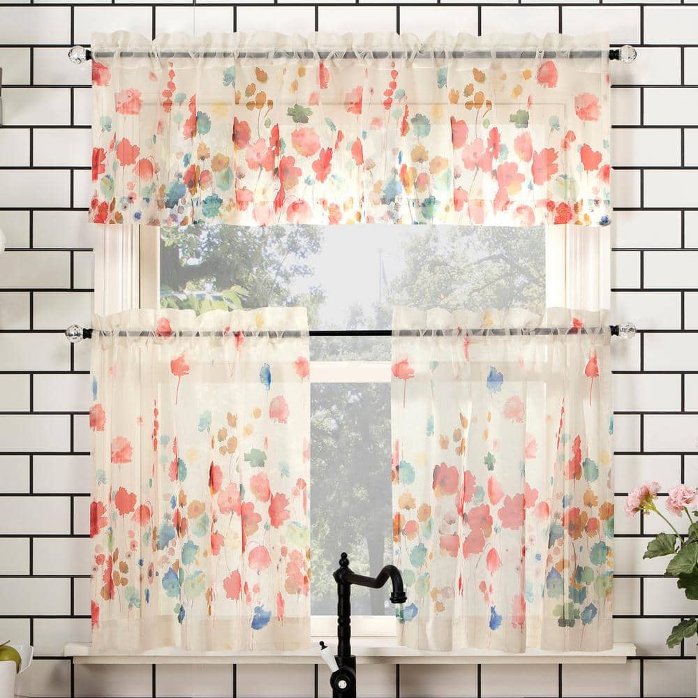Poppy Red Floral Sheer Polyester Rod Pocket Kitchen Curtains, 54" x 24"