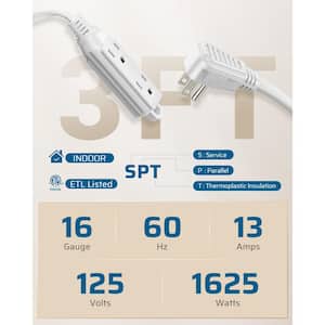 3 ft. 16/3 Gauge Indoor Extension Cord with 3-Prong 3 Outlets and SPT-3 Cord, White, 2 Pack