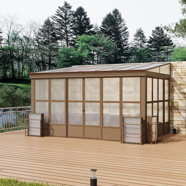 10 ft. x 14 ft. Brown Outdoor Aluminum Frame Polycarbonate Roof Wall Mounted Solarium