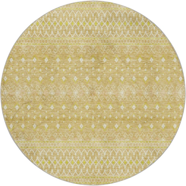 Dream Shag Premium Machine Washable Abstract ADS709 Gold 8 ft. x 8 ft. Round Rug