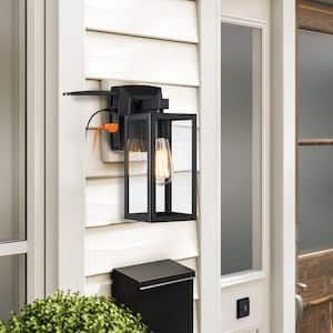 Martin 13 in 1-Light Matte Black Outdoor Wall Lantern Sconce with GFCI Outlet