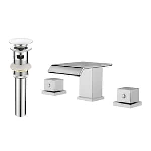 8 in. Widespread Double Handle Waterfall Bathroom Faucet with Pop-Up Drain 3 Hole Bathroom Basin Taps in Polished Chrome