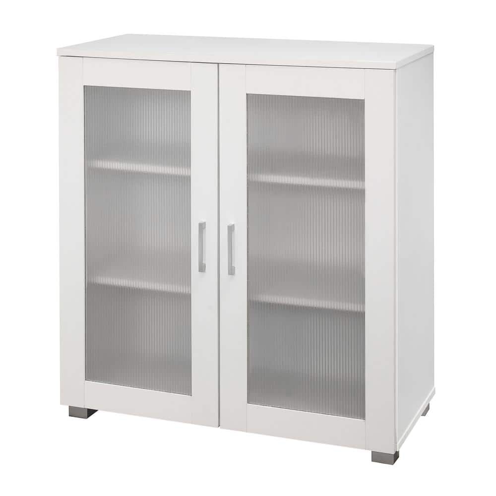 White Particle Board Lighted Curio Cabinet with Frosted Glass Doors