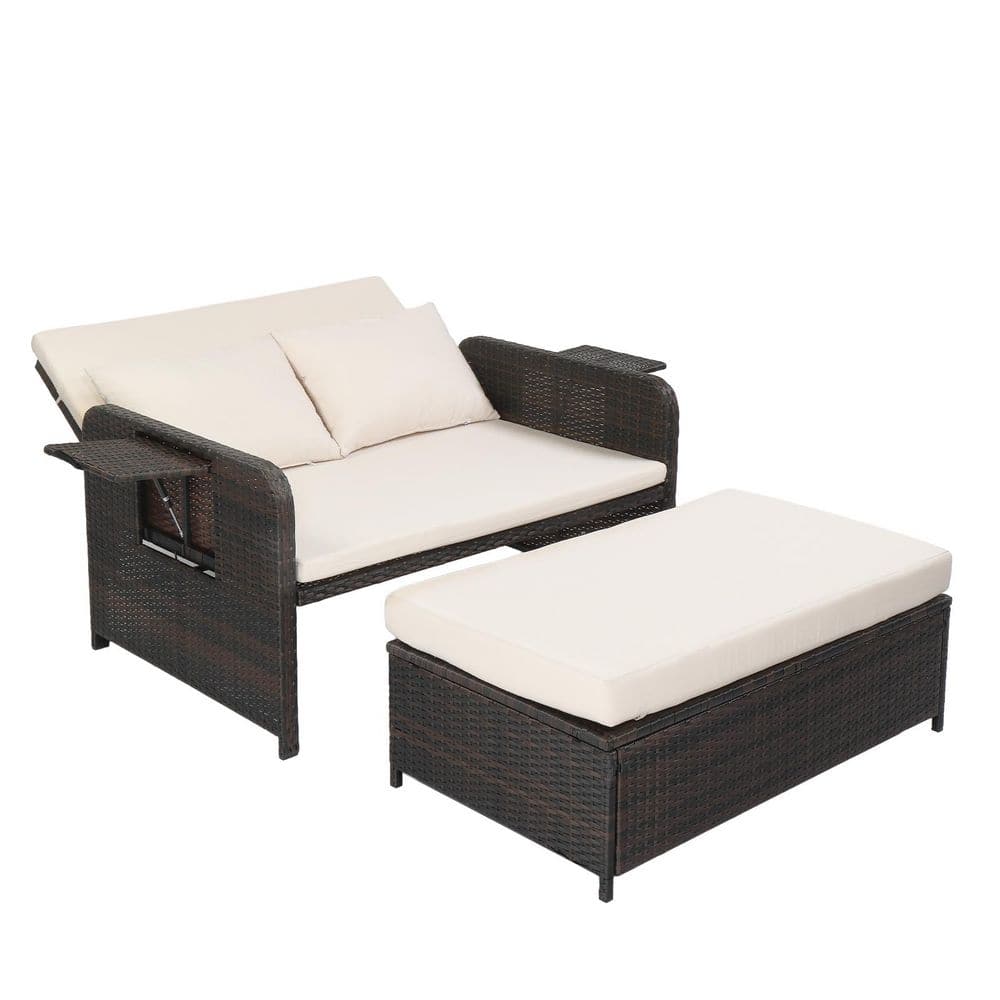 Brown Adjustable Backrest Wicker Outdoor Day Bed with Beige Cushions price history on PriceWatchPro