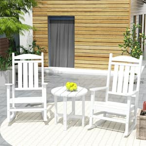 Laguna 3-Piece Classic Outdoor Patio Fade Resistant Plastic Rocking Chairs and Round  Side Table Set in White