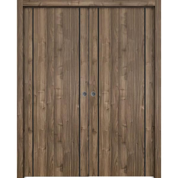 Sartodoors 48 in. x 80 in. 2 Panel Walnut Finished Solid Wood with Honeycomb Sliding Door with Hardware